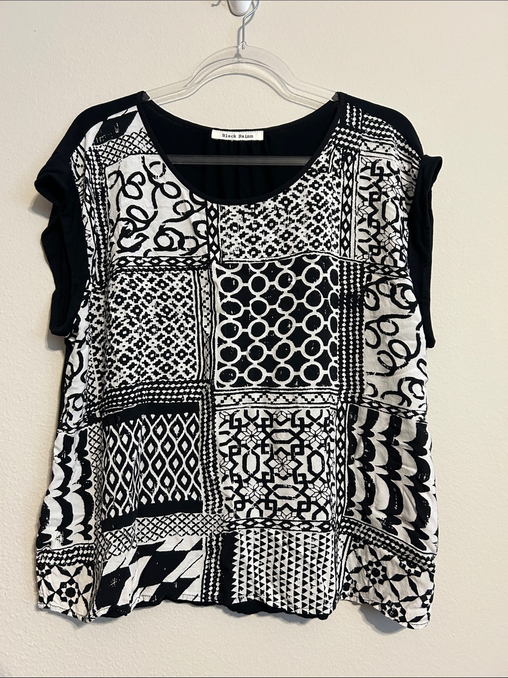Black Rainn Geometric Patchwork Print Blouse Short Sleeve Top PXL